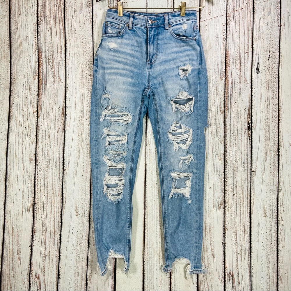 American Eagle Jeans Womens Size 0 Blue Mom Mid Rise Distressed Denim